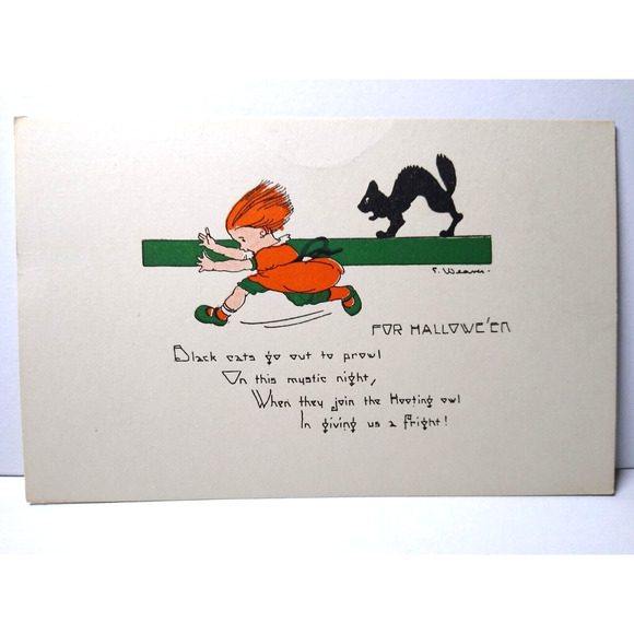 Halloween Postcard Girl Run From Black Cat Weaver Series 2399 Fantasy Original - Picture 2 of 3